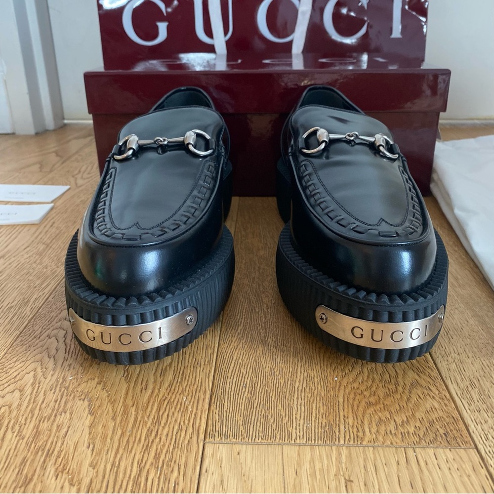 Gucci Magnum Black Leather Men's Platform Loafers Ancora Horsebit Creeper 9.5 EU - Picture 2 of 9